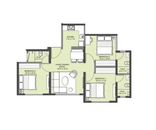 3 BHK 639 Sq. Ft. Apartment