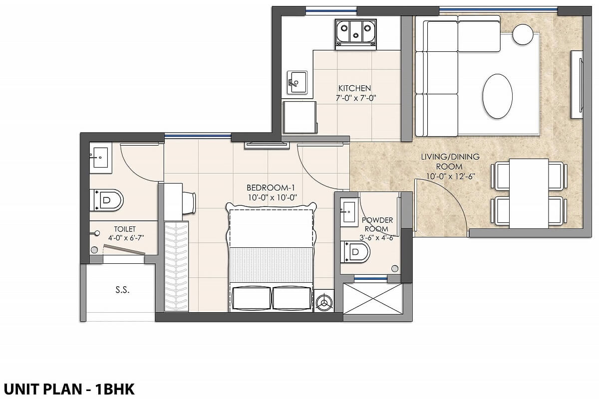 Floor plan of 1 BHK 335 Sq. Ft. Apartment in Omkar Lawns And Beyond Phase 3, Mumbai