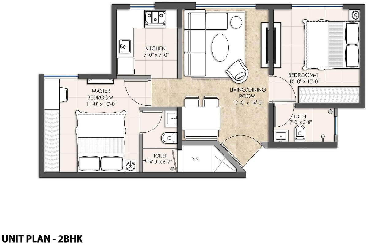 Floor plan of 2 BHK 497 Sq. Ft. Apartment in Omkar Lawns And Beyond Phase 3, Mumbai