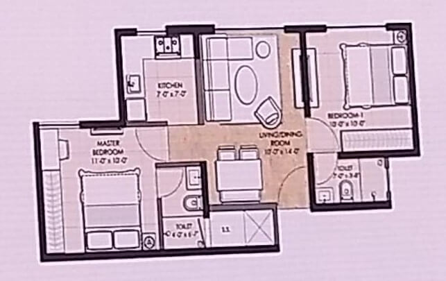Floor plan of 2 BHK 471 Sq. Ft. Apartment in Omkar Majaswadi, Mumbai