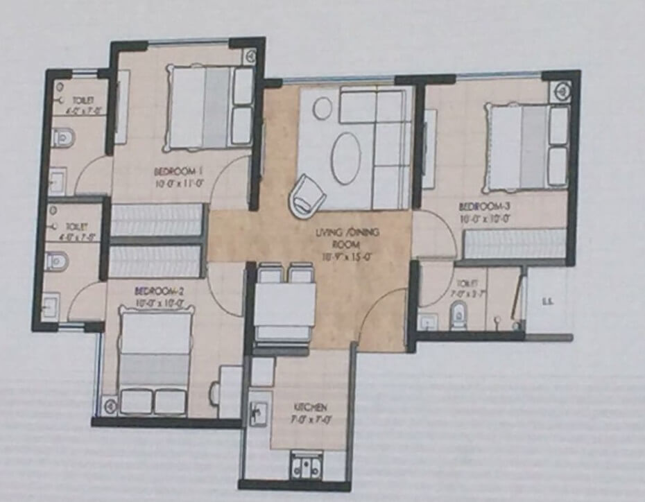 Floor plan of 3 BHK 670 Sq. Ft. Apartment in Omkar Majaswadi, Mumbai