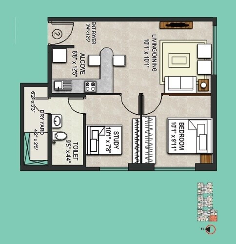 Floor plan of 1 BHK 512 Sq. Ft. Apartment in Omkar Meridia, Mumbai