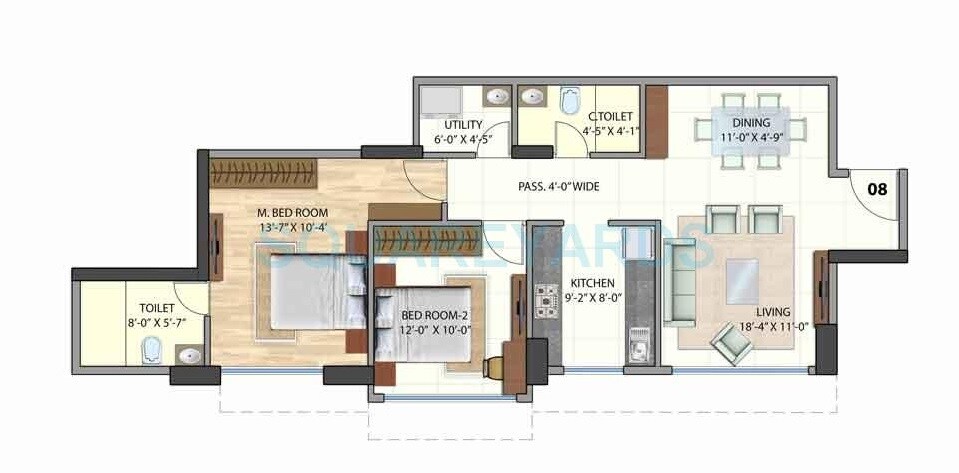 Floor plan of 2 BHK 875 Sq. Ft. Apartment in Omkar Meridia, Mumbai