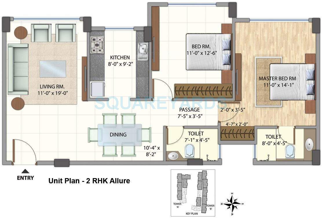 Floor plan of 2 BHK 779 Sq. Ft. Apartment in Omkar Meridia, Mumbai