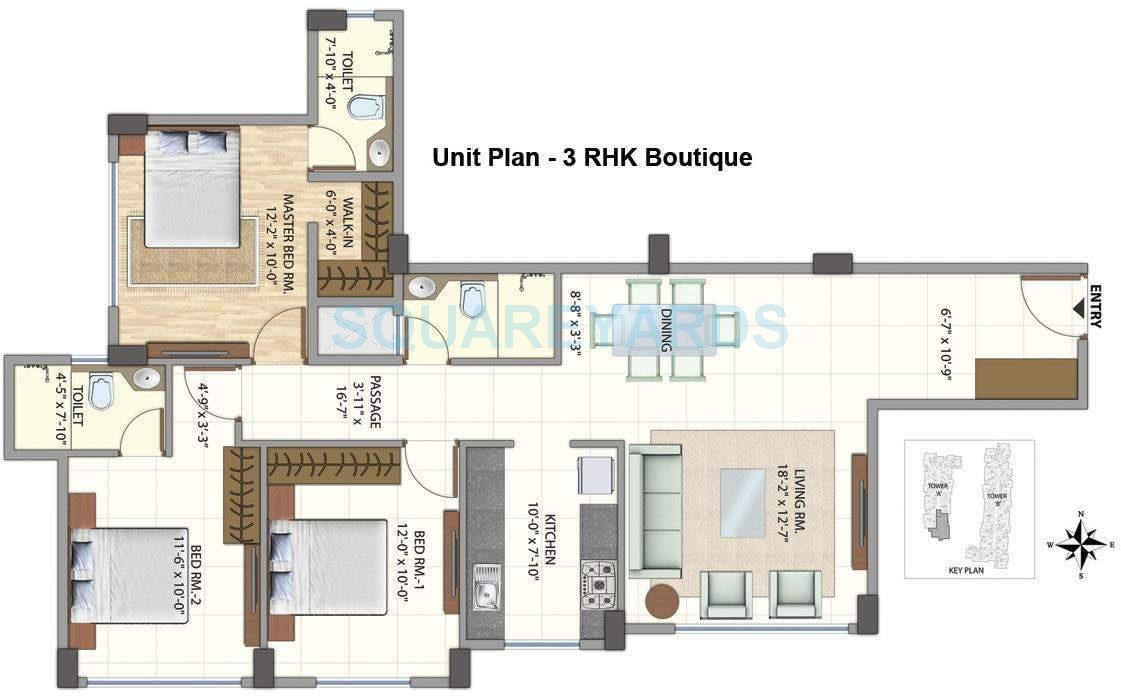 Floor plan of 3 BHK 1002 Sq. Ft. Apartment in Omkar Meridia, Mumbai