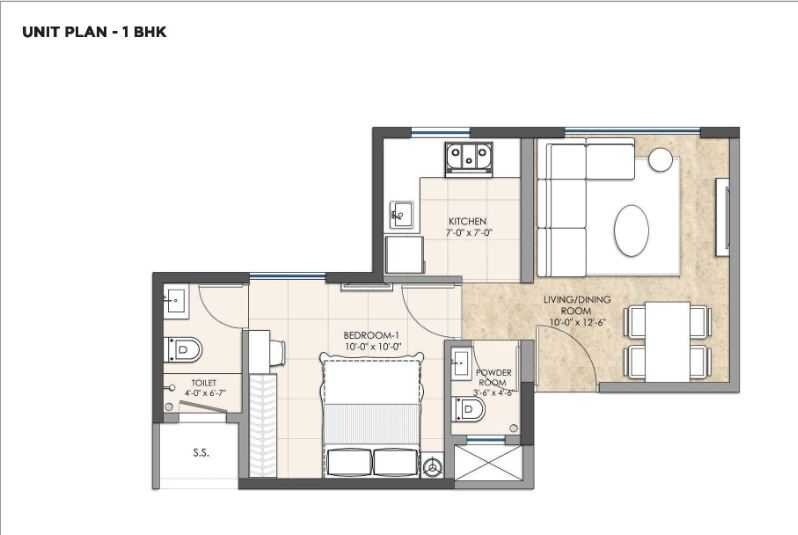 Floor plan of 1 BHK 355 Sq. Ft. Apartment in Omkar Passcode, Mumbai