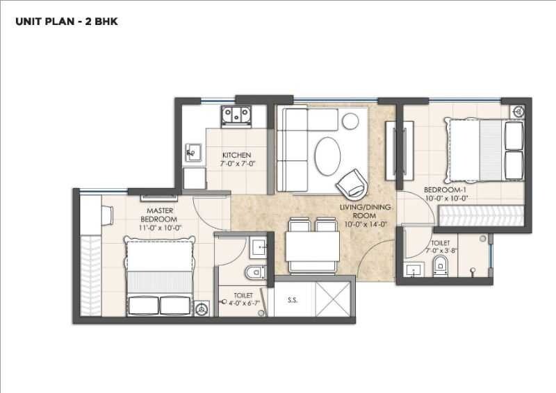 Floor plan of 2 BHK 500 Sq. Ft. Apartment in Omkar Passcode, Mumbai