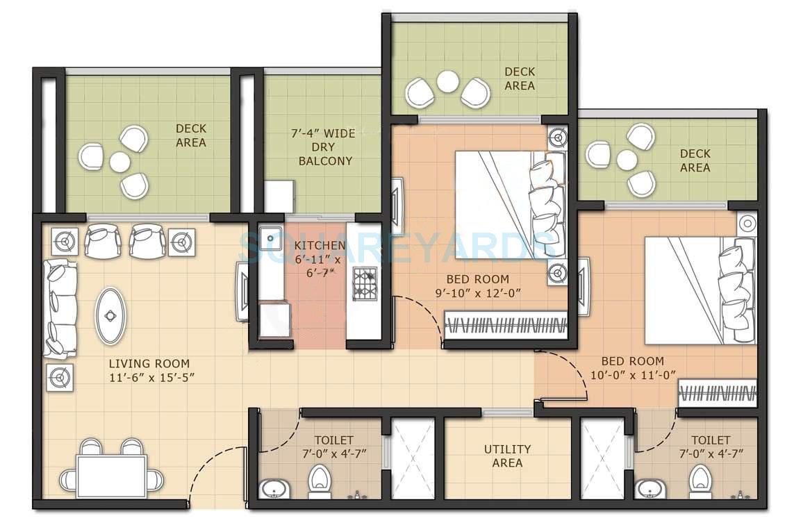 Floor plan of 2 BHK 1027 Sq. Ft. Apartment in Omkar Raga, Mumbai