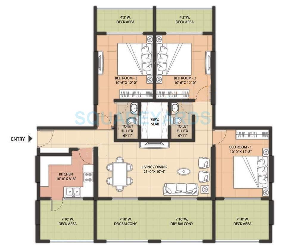 Floor plan of 3 BHK 1534 Sq. Ft. Apartment in Omkar Raga, Mumbai