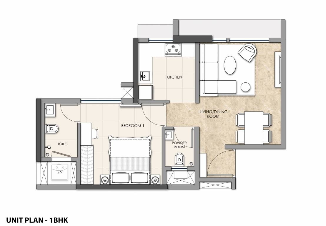 Floor plan of 1 BHK 387 Sq. Ft. Apartment in Omkar Sereno, Mumbai