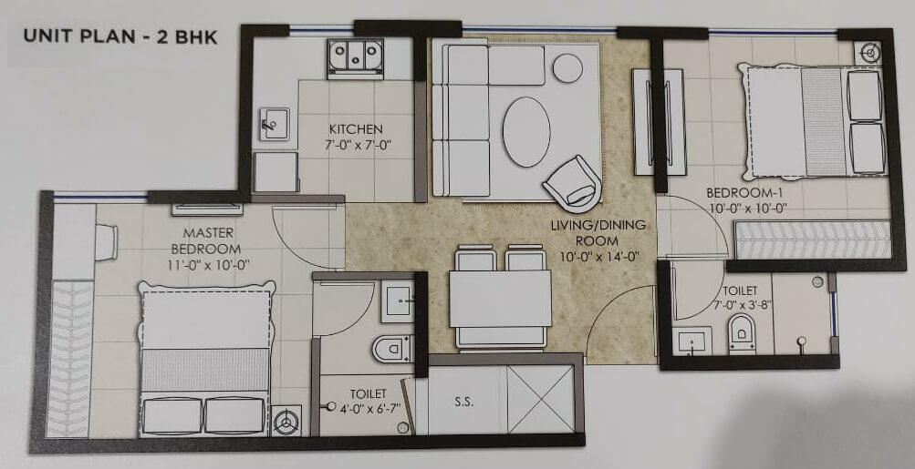 Floor plan of 2 BHK 503 Sq. Ft. Apartment in Omkar Sereno, Mumbai