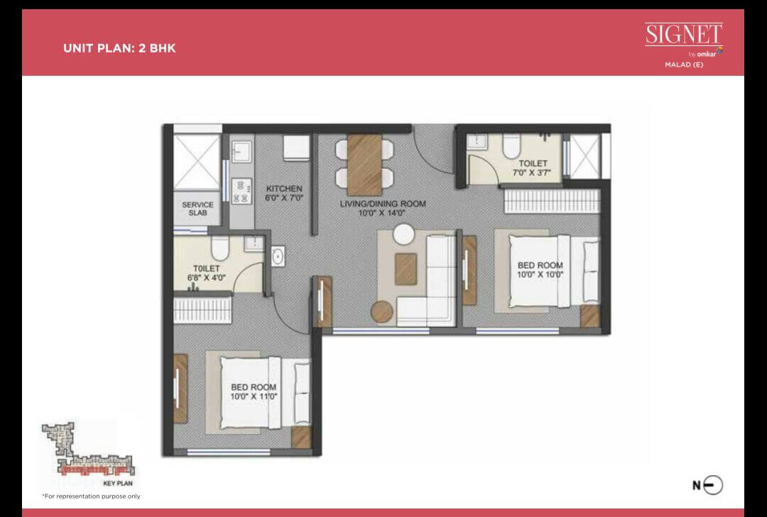 Floor plan of 2 BHK 481 Sq. Ft. Apartment in Omkar Signet, Mumbai