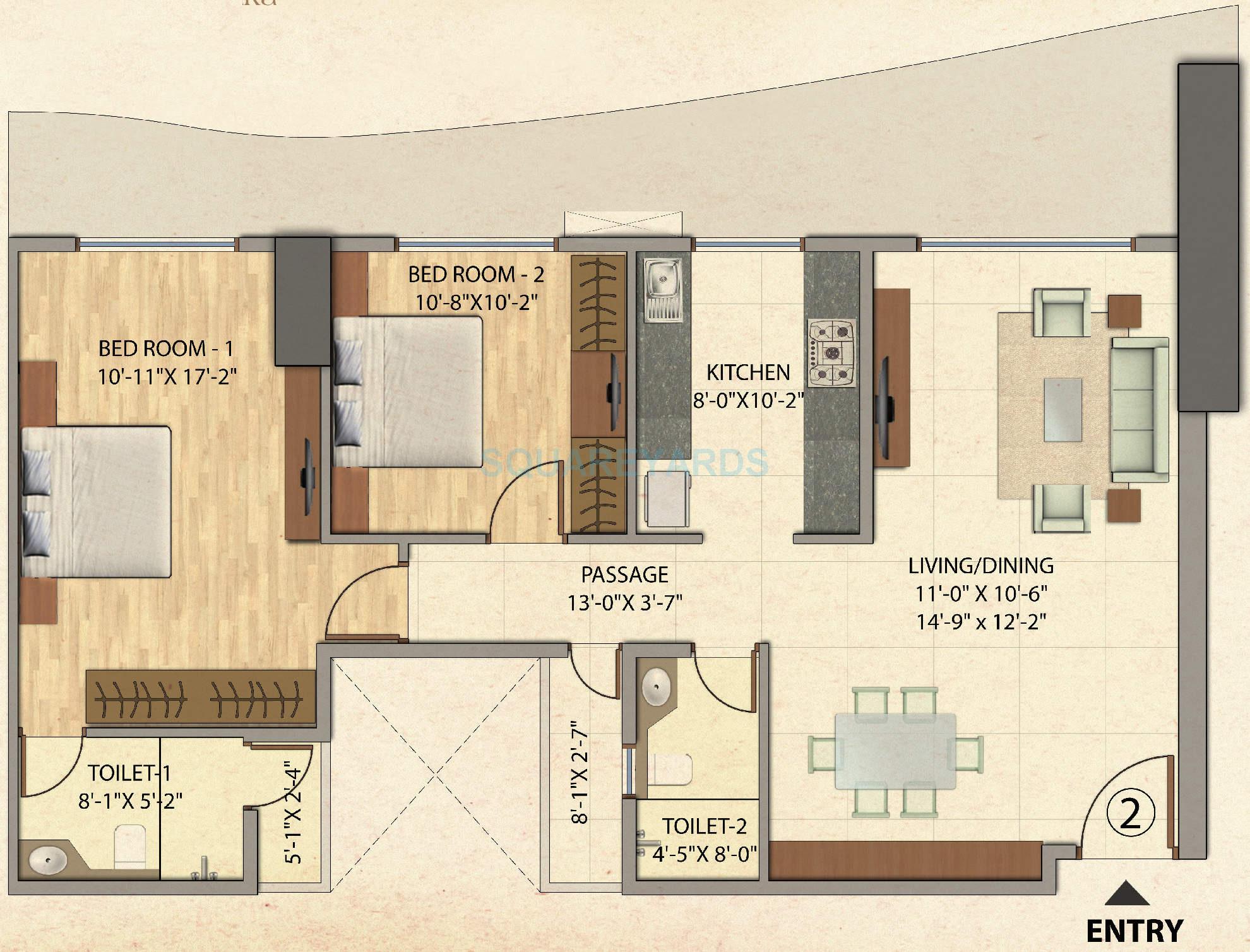 Floor plan of 2 BHK 1309 Sq. Ft. Apartment in Omkar Veda Exclusive, Mumbai