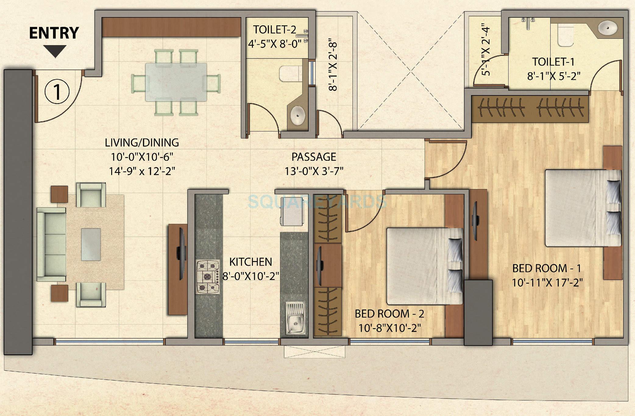 Floor plan of 2 BHK 1553 Sq. Ft. Apartment in Omkar Veda Exclusive, Mumbai