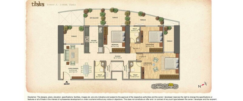Floor plan of 3 BHK 1380 Sq. Ft. Apartment in Omkar Veda Exclusive, Mumbai