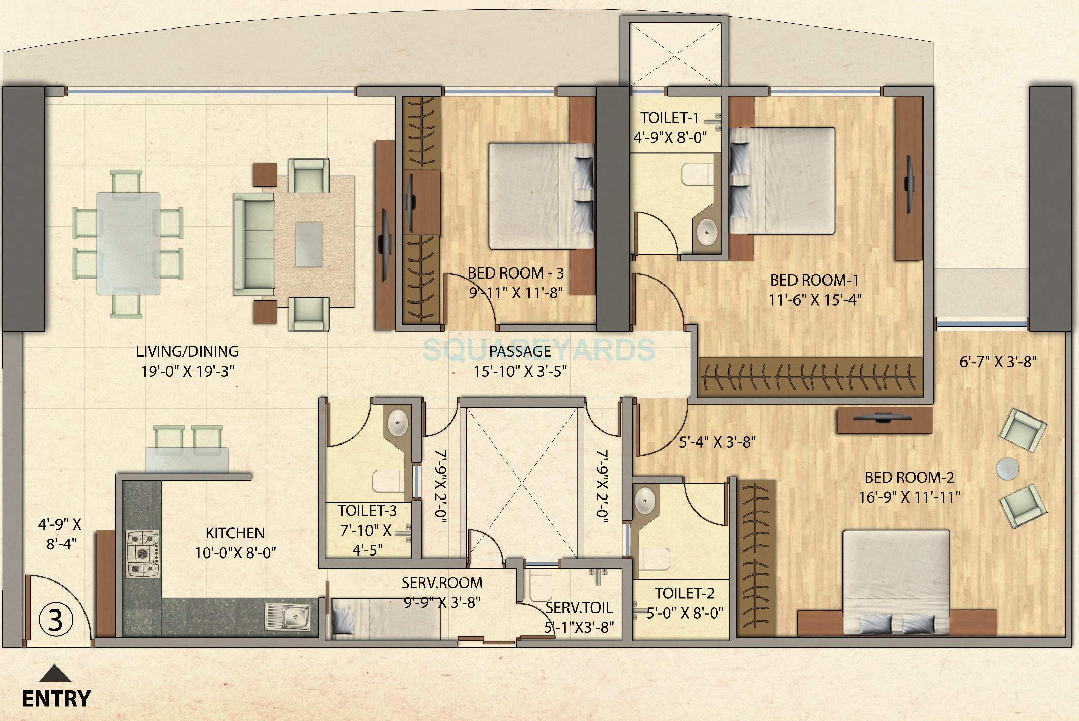 Floor plan of 3 BHK 1588 Sq. Ft. Apartment in Omkar Veda Exclusive, Mumbai