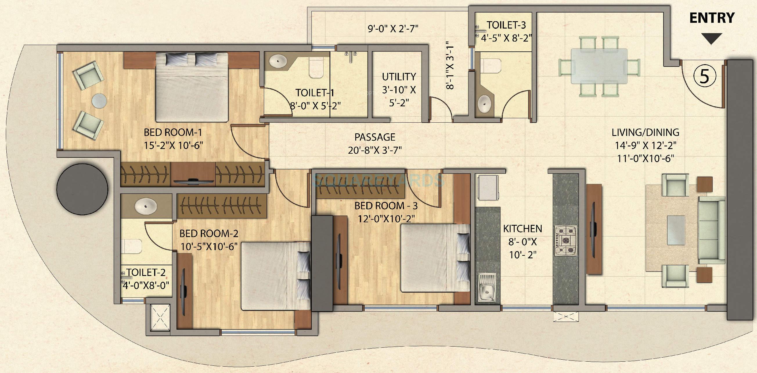 Floor plan of 3 BHK 1851 Sq. Ft. Apartment in Omkar Veda Exclusive, Mumbai