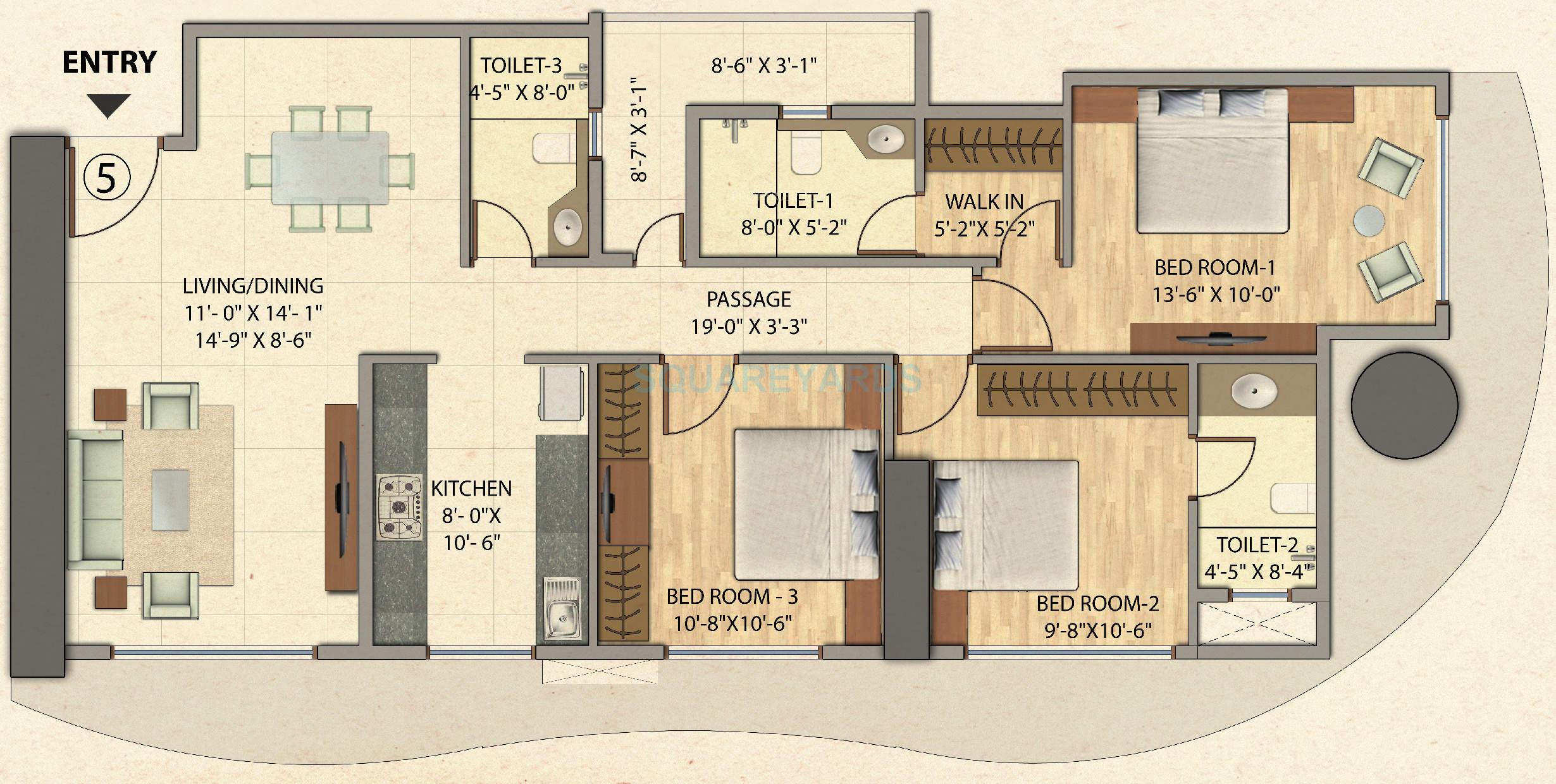 Floor plan of 3 BHK 1995 Sq. Ft. Apartment in Omkar Veda Exclusive, Mumbai