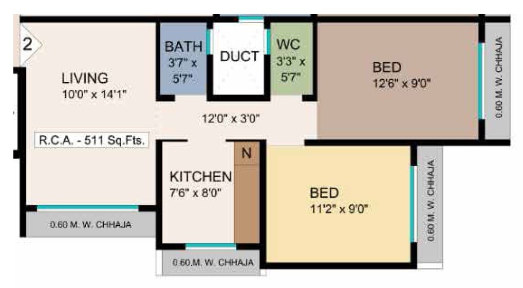 Floor plan of 2 BHK 511 Sq. Ft. Apartment in Omkara Unchai, Mumbai