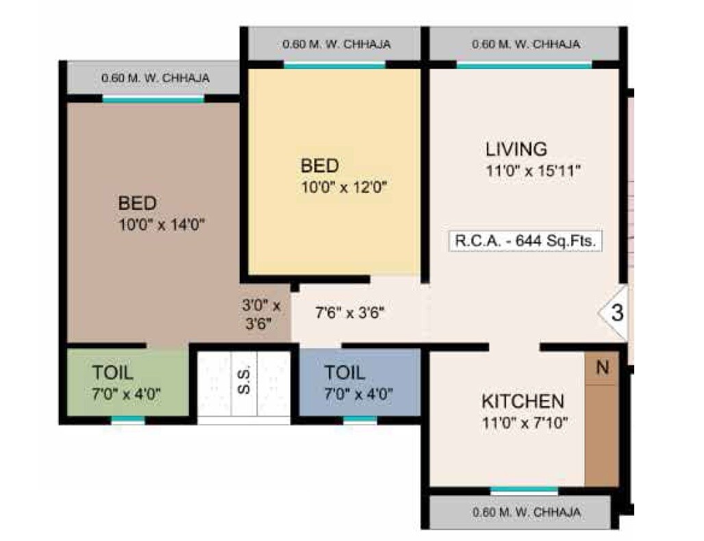 Floor plan of 2 BHK 644 Sq. Ft. Apartment in Omkara Unchai, Mumbai