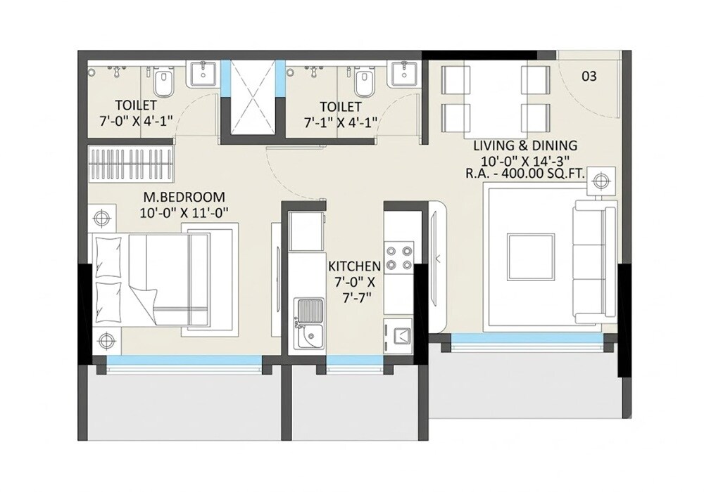 Floor plan of 1 BHK 400 Sq. Ft. Apartment in Omnetra Malad Vrindavan CHS, Mumbai
