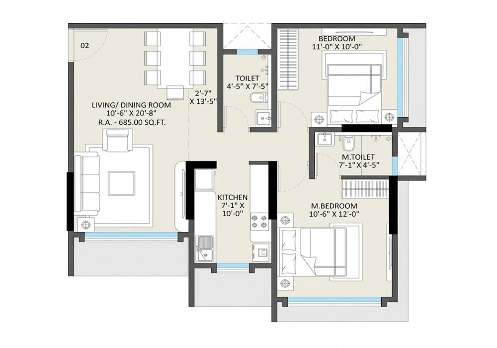 Floor plan of 2 BHK 685 Sq. Ft. Apartment in Omnetra Malad Vrindavan CHS, Mumbai
