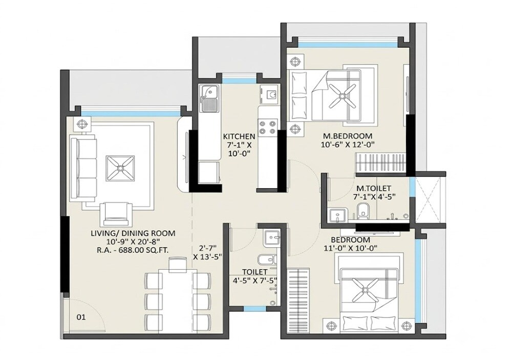 Floor plan of 2 BHK 688 Sq. Ft. Apartment in Omnetra Malad Vrindavan CHS, Mumbai