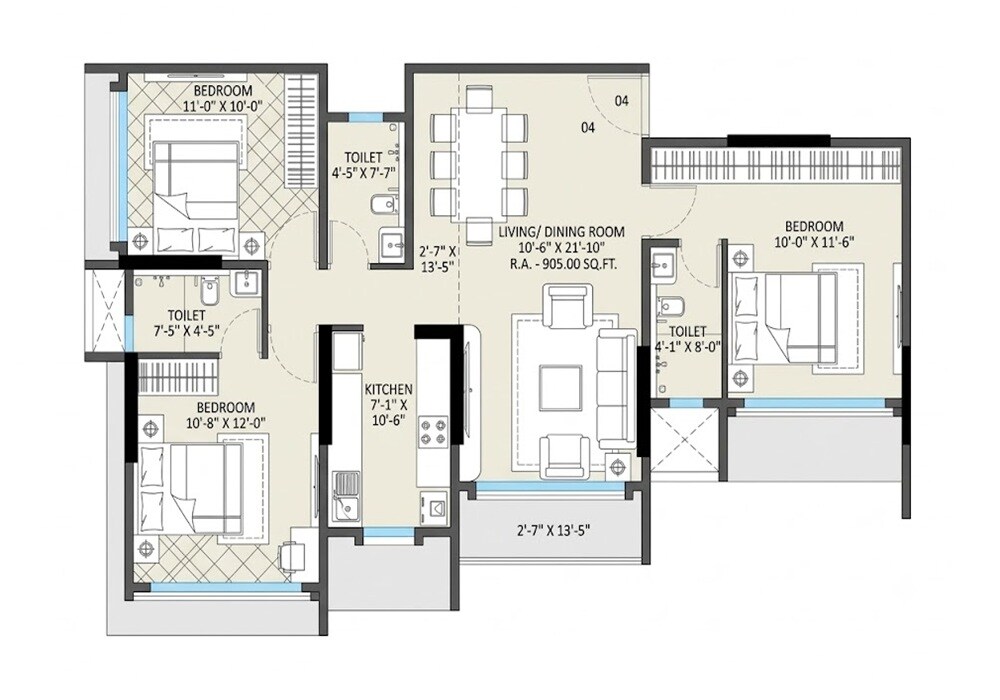 Floor plan of 3 BHK 905 Sq. Ft. Apartment in Omnetra Malad Vrindavan CHS, Mumbai