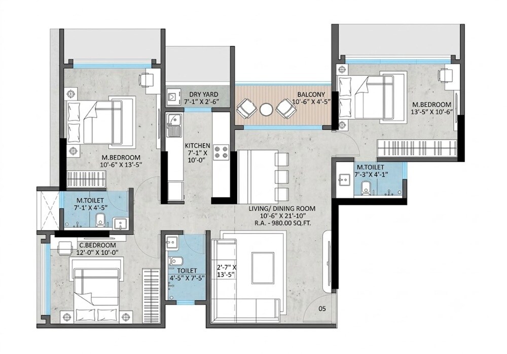 Floor plan of 3 BHK 980 Sq. Ft. Apartment in Omnetra Malad Vrindavan CHS, Mumbai