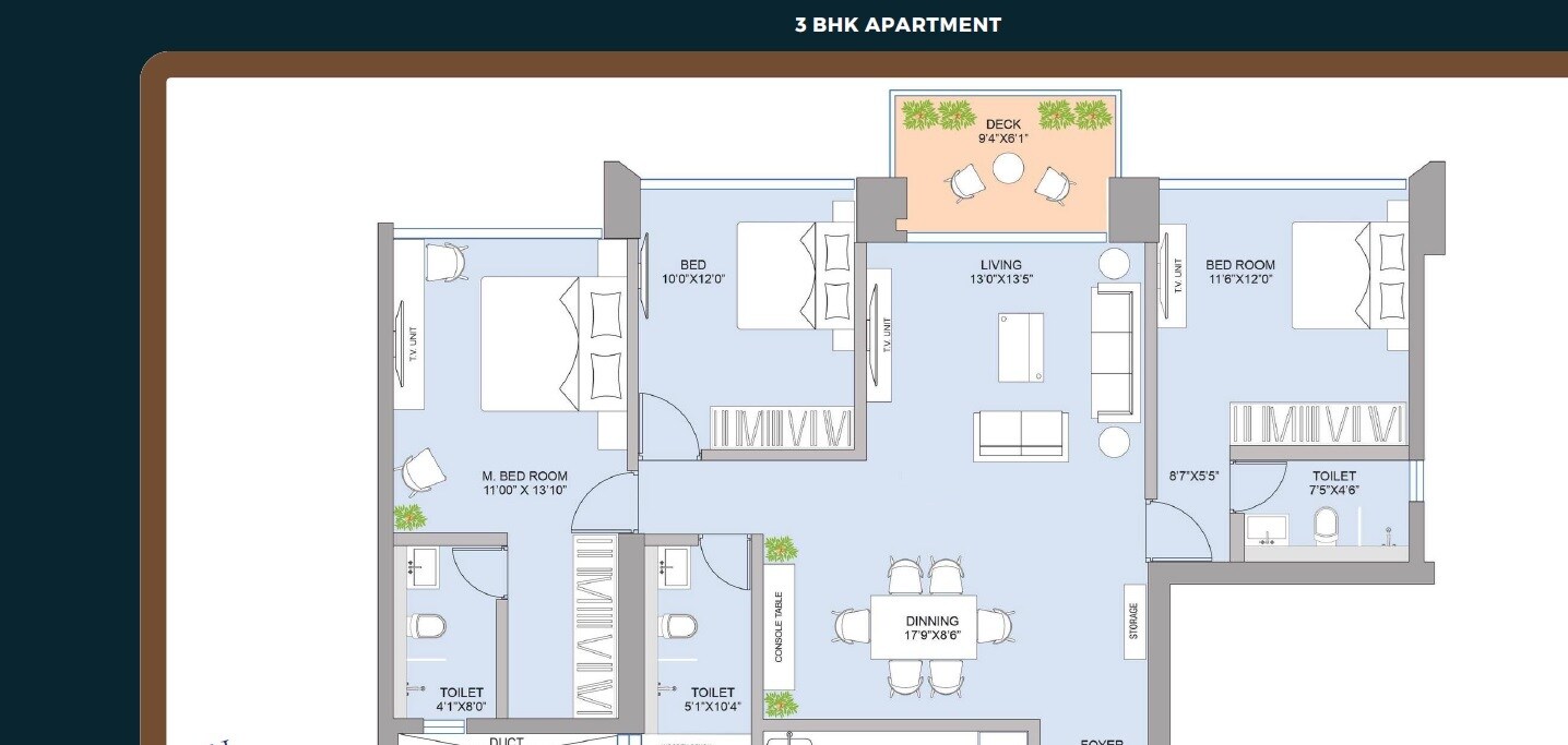 Floor plan of 3 BHK 1235 Sq. Ft. Apartment in One Meraki, Mumbai
