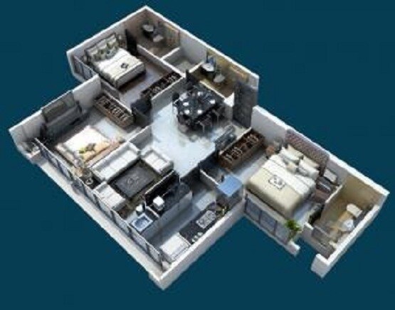Floor plan of 3 BHK 1638 Sq. Ft. Apartment in One Mumbai One Spirit, Mumbai