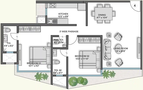 2 BHK 799 Sq. Ft. Apartment