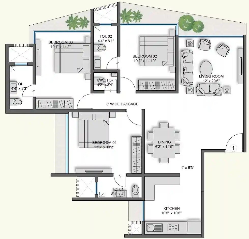 3 BHK 1082 Sq. Ft. Apartment