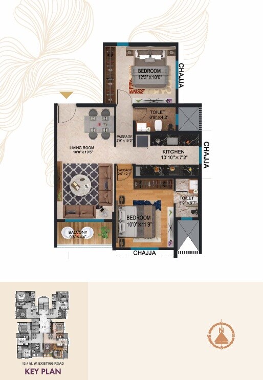 Floor plan of 2 BHK 718 Sq. Ft. Apartment in Orchid Aarambh, Mumbai