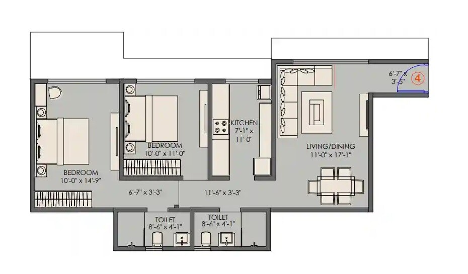 2 BHK 714 Sq. Ft. Apartment