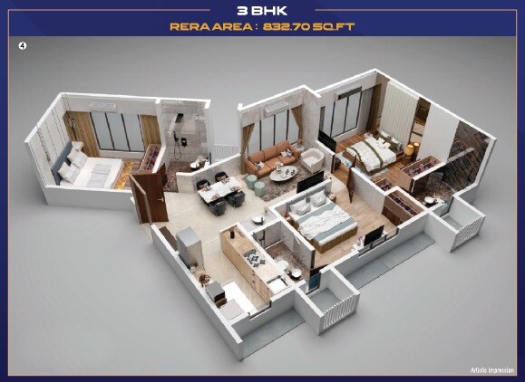 Floor plan of 3 BHK 833 Sq. Ft. Apartment in Orient Regency, Mumbai