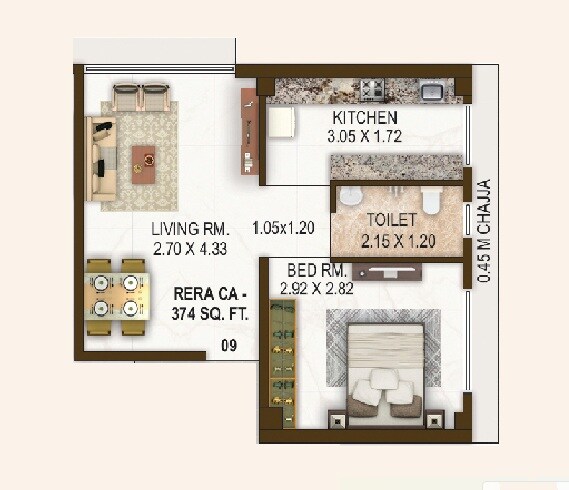 Floor plan of 1 BHK 378 Sq. Ft. Apartment in Oriental Rehmat Park, Mumbai