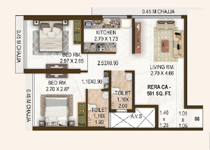 Floor plan of 2 BHK 585 Sq. Ft. Apartment in Oriental Rehmat Park, Mumbai