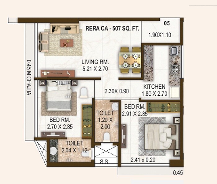 Floor plan of 2 BHK 675 Sq. Ft. Apartment in Oriental Rehmat Park, Mumbai