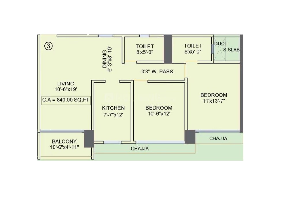 Floor plan of 2 BHK 840 Sq. Ft. Apartment in Origin Claremont, Mumbai