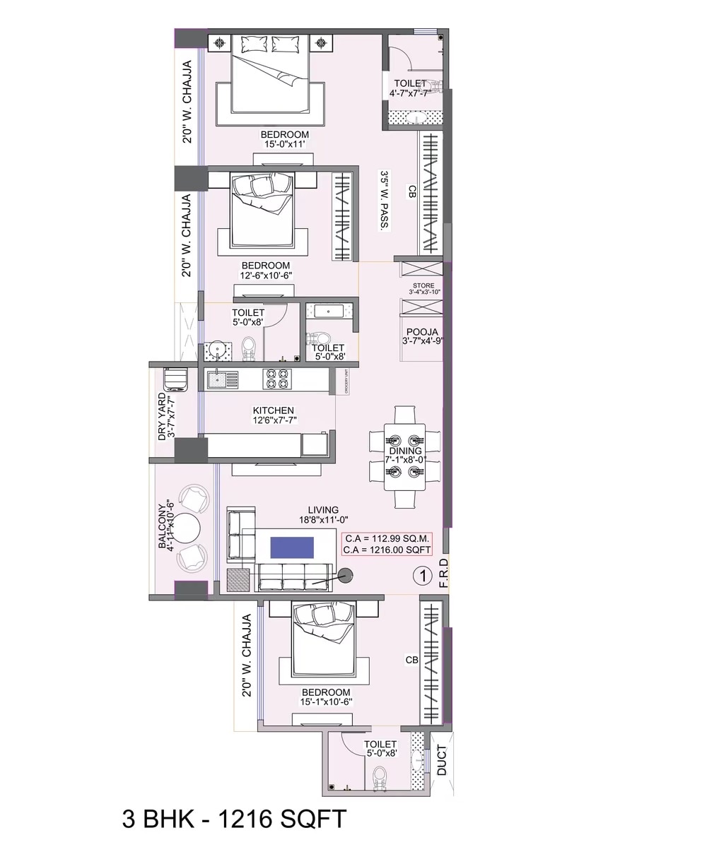 Floor plan of 3 BHK 1216 Sq. Ft. Apartment in Origin Claremont, Mumbai