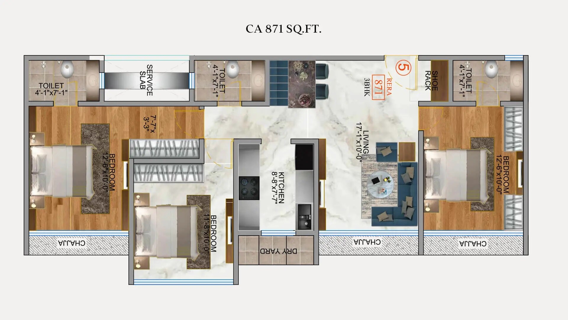 Floor plan of 3 BHK 871 Sq. Ft. Apartment in Origin Rock Highland, Mumbai