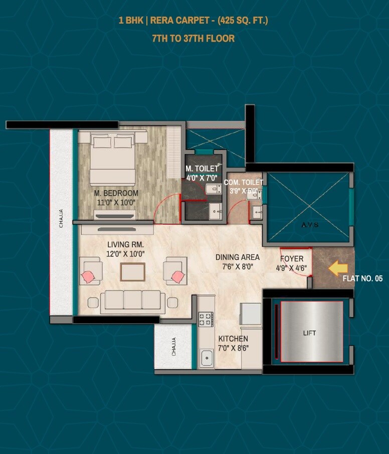 Floor plan of 1 BHK 425 Sq. Ft. Apartment in Orion Heights, Mumbai