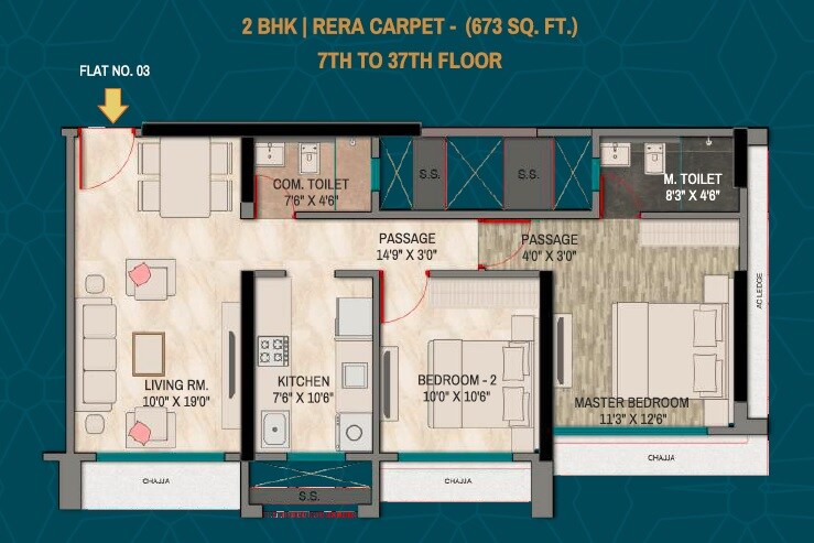 Floor plan of 2 BHK 673 Sq. Ft. Apartment in Orion Heights, Mumbai