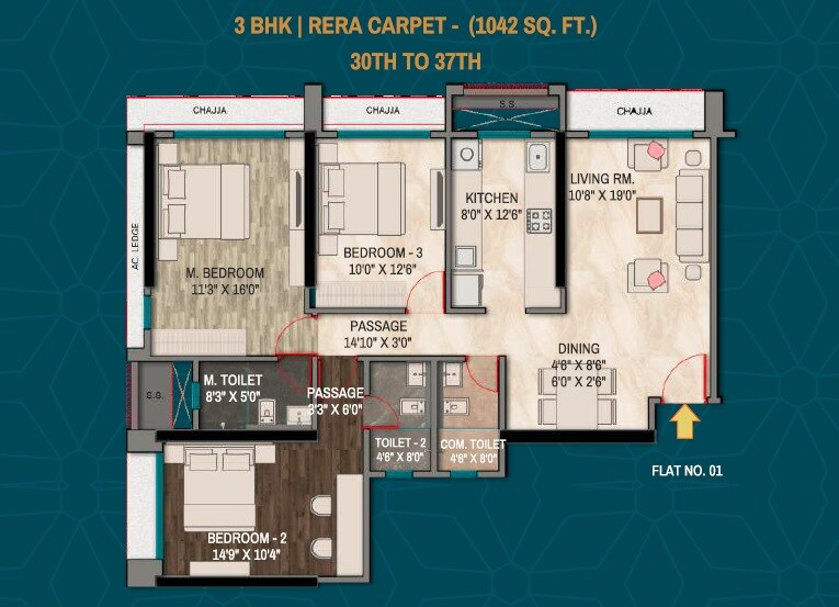 Floor plan of 3 BHK 1042 Sq. Ft. Apartment in Orion Heights, Mumbai