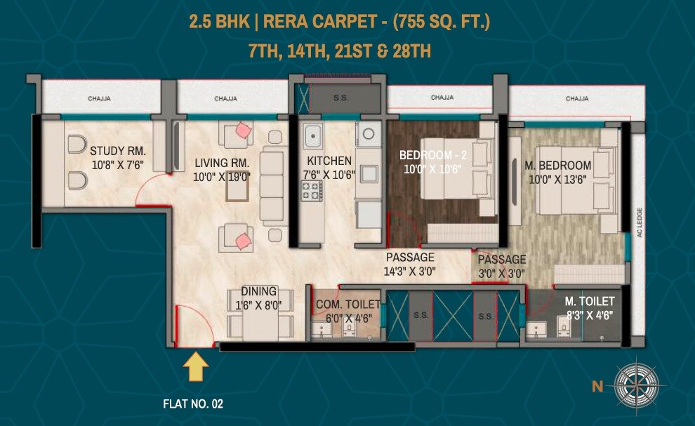 Floor plan of 3 BHK 755 Sq. Ft. Apartment in Orion Heights, Mumbai