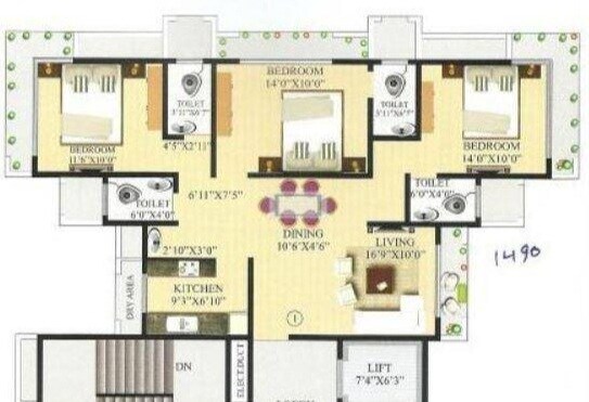 Floor plan of 3 BHK Apartment - 1660 sq. ft. in Ornate Universal Nutan Annexe, Mumbai