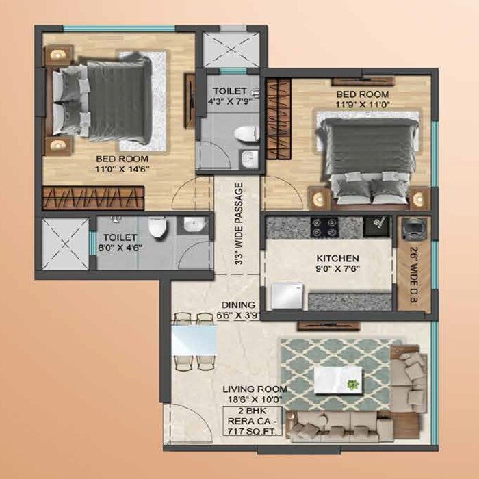 2 BHK 717 Sq. Ft. Apartment
