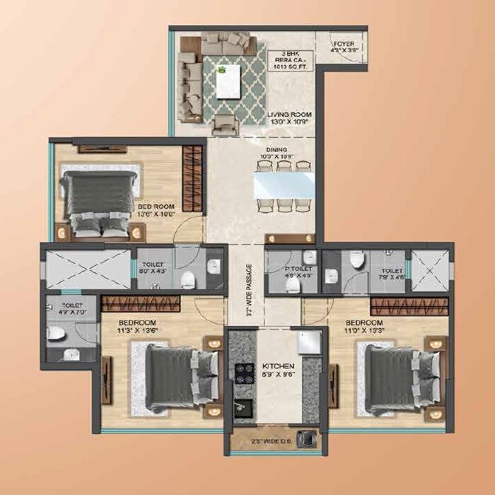 3 BHK 1013 Sq. Ft. Apartment