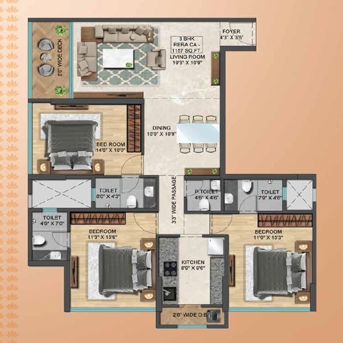 Floor plan of 3 BHK 1157 Sq. Ft. Apartment in Oscar Om Girnar, Mumbai